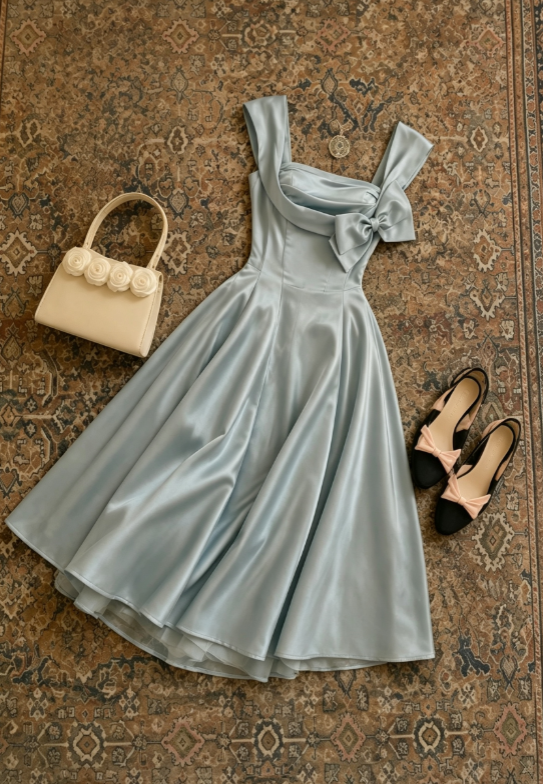 Elegant Light Blue Ruched Square Neck Wide Strap Side Bow Satin A Line Midi Prom Dress AD1233