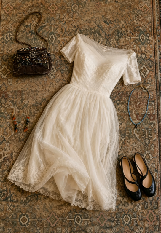 Elegant Ivory Short Sleeve Sweetheart Lace Tulle A Line Midi Prom Dress AD1235