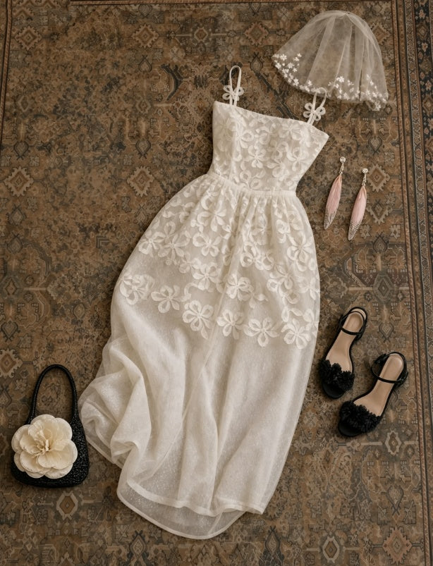 Romantic Ivory 3D Floral Lace Spaghetti Strap A Line Long Prom Dress AD1236