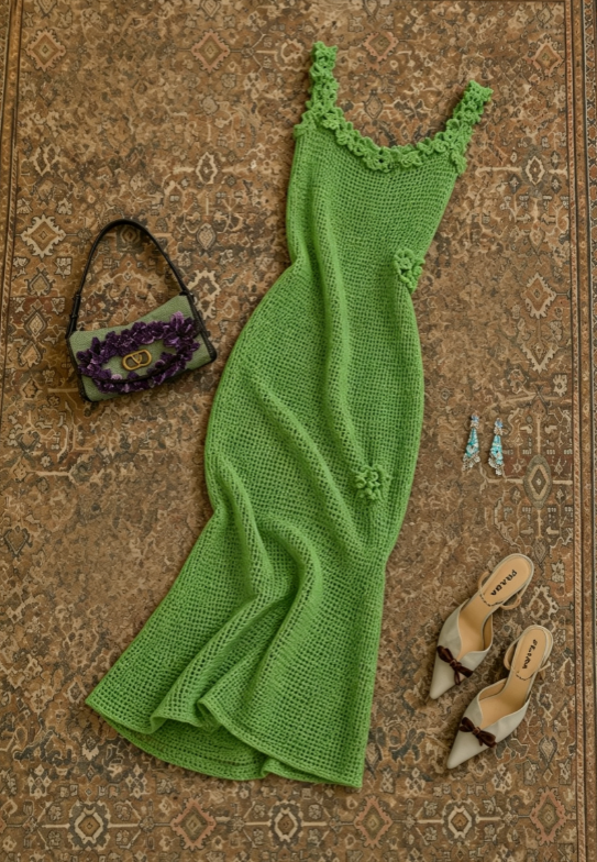 Chic Green Spaghetti Strap 3D Floral Detail Hollow Knit Mermaid Long Prom Dress AD1238