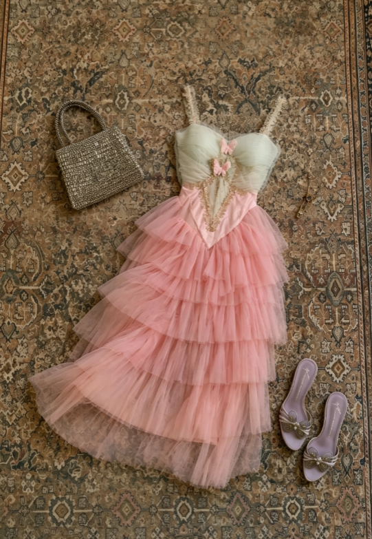 Fairy Pink Sweetheart Neck Spaghetti Straps Butterfly Appliques Layered Tulle A Line Midi Prom Dress AD1239