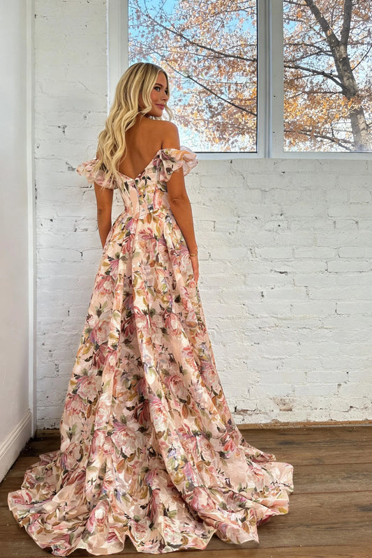 Floral Off-Shoulder Corset Prom Dress With Puff Sleeves And Full A-Line Skirt AD124