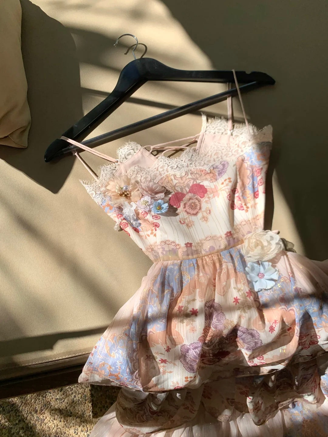 Gorgeous Pink Floral Print Spaghetti Straps Lace Trim 3D Floral Appliques Corset Lace‑Up Back Tiered Ruffle A Line Long Prom Dress AD1275