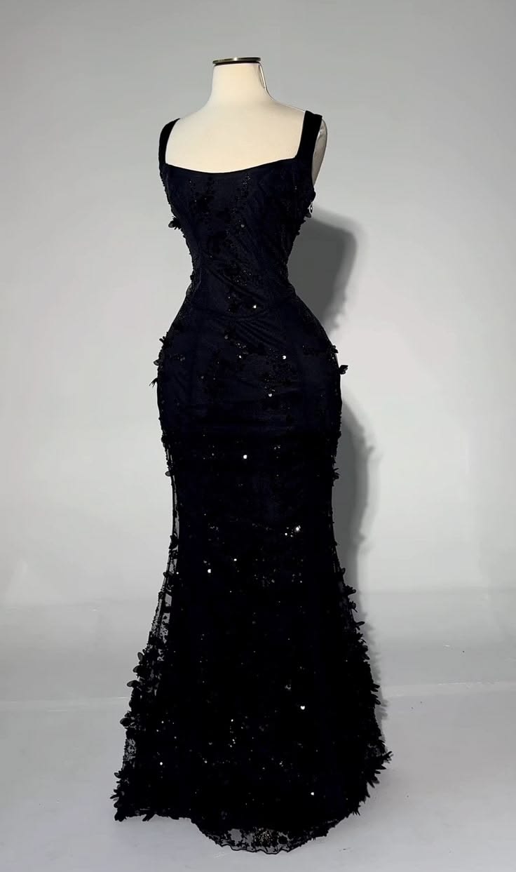 Opulent Black Square Neck Strap 3D Floral Applique Sequin Mermaid Long Prom Dress AD1285