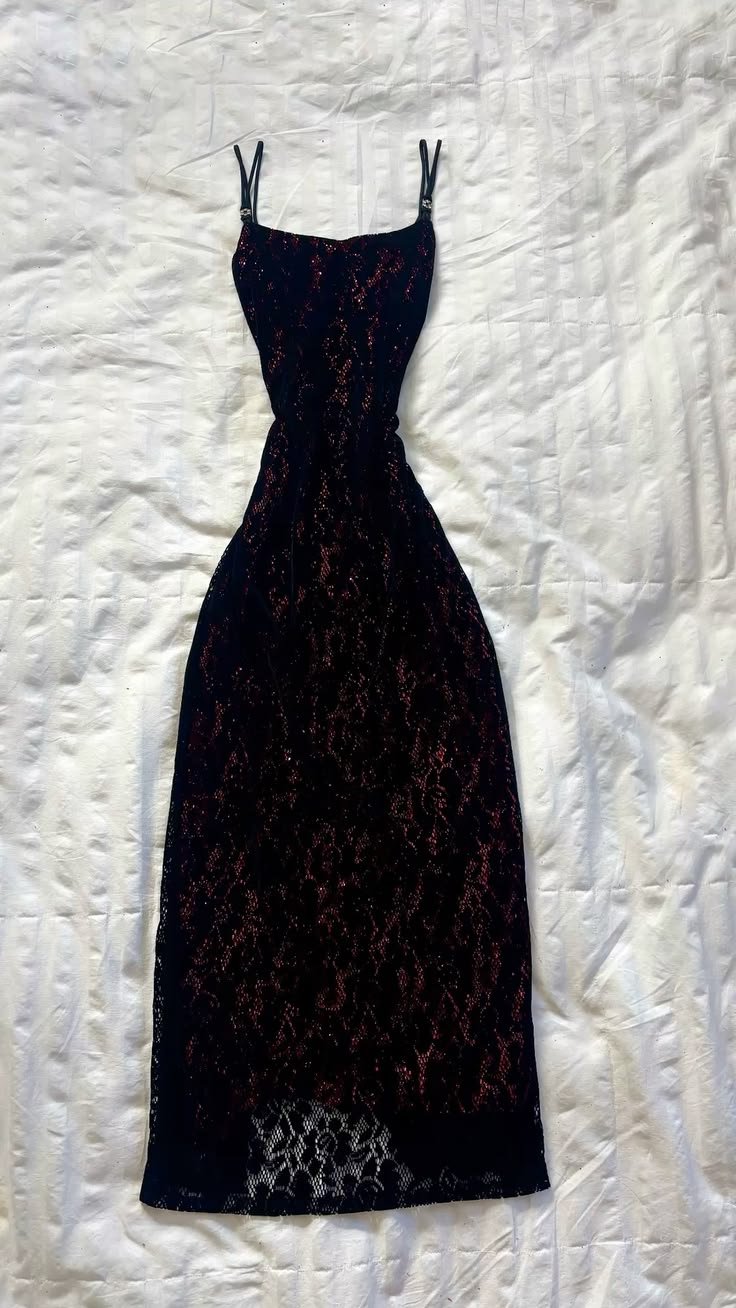 Opulent Black Glitter Lace Red Underskirt Spaghetti Strap Sheath Long Prom Dress AD1292