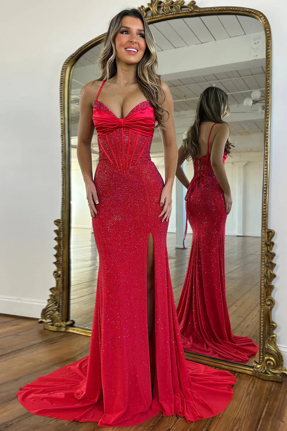 Sparkly Light Blue Spaghetti Straps Mermaid Corset Prom Dress With Slit AD133