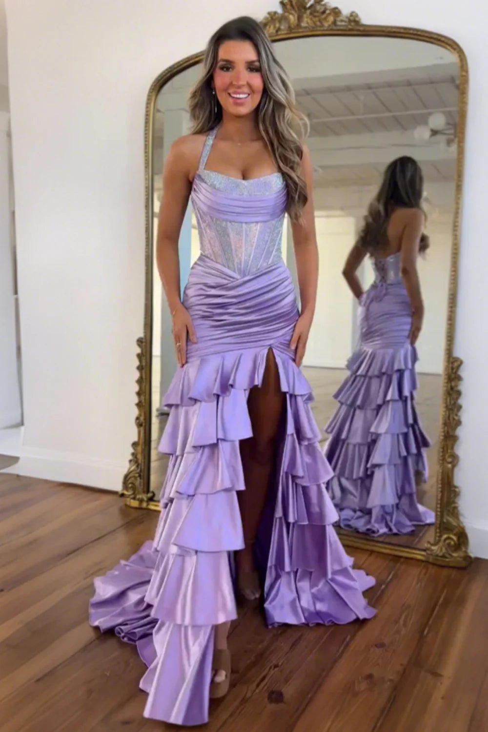 Blush Pink Ruffle Mermaid Halter Prom Dress With Corset Bodice And Beading AD134
