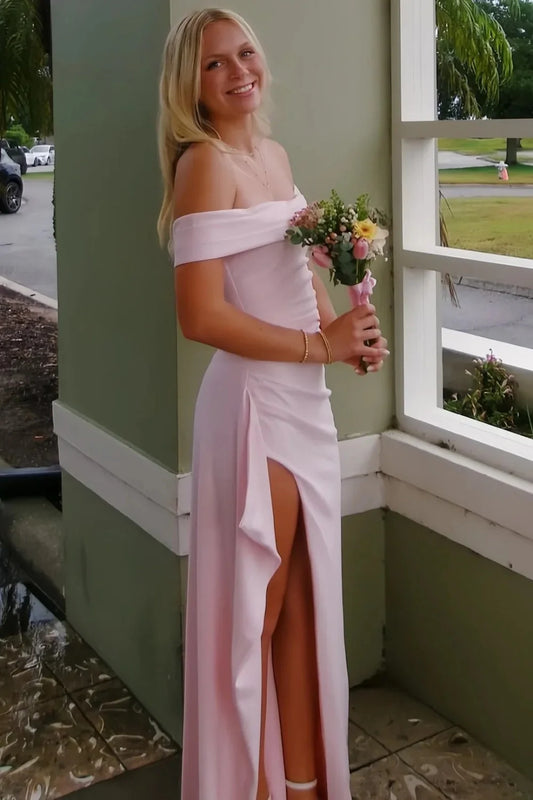 Light Pink Off Shoulder Mermaid Prom Dress With Ruffle Side High Slit AD136