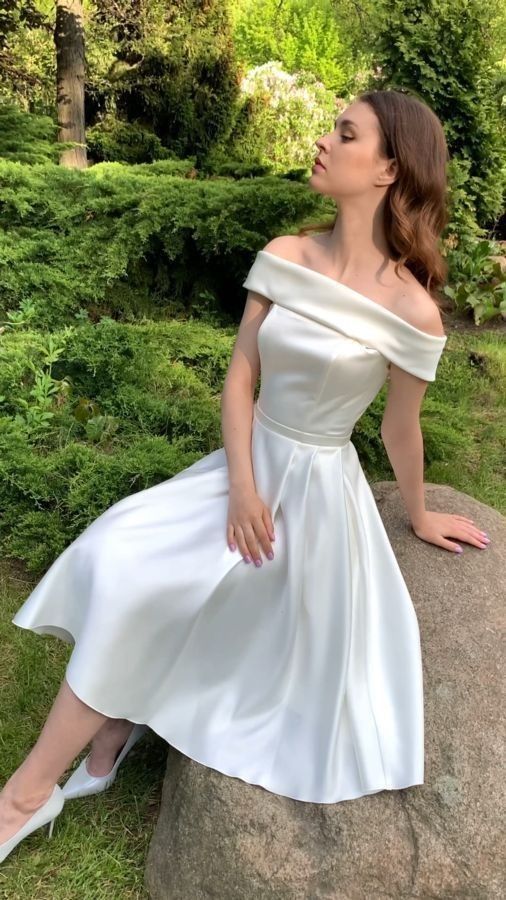 Elegant White Satin Off The Shoulder A-Line Midi Prom Dress AD1360