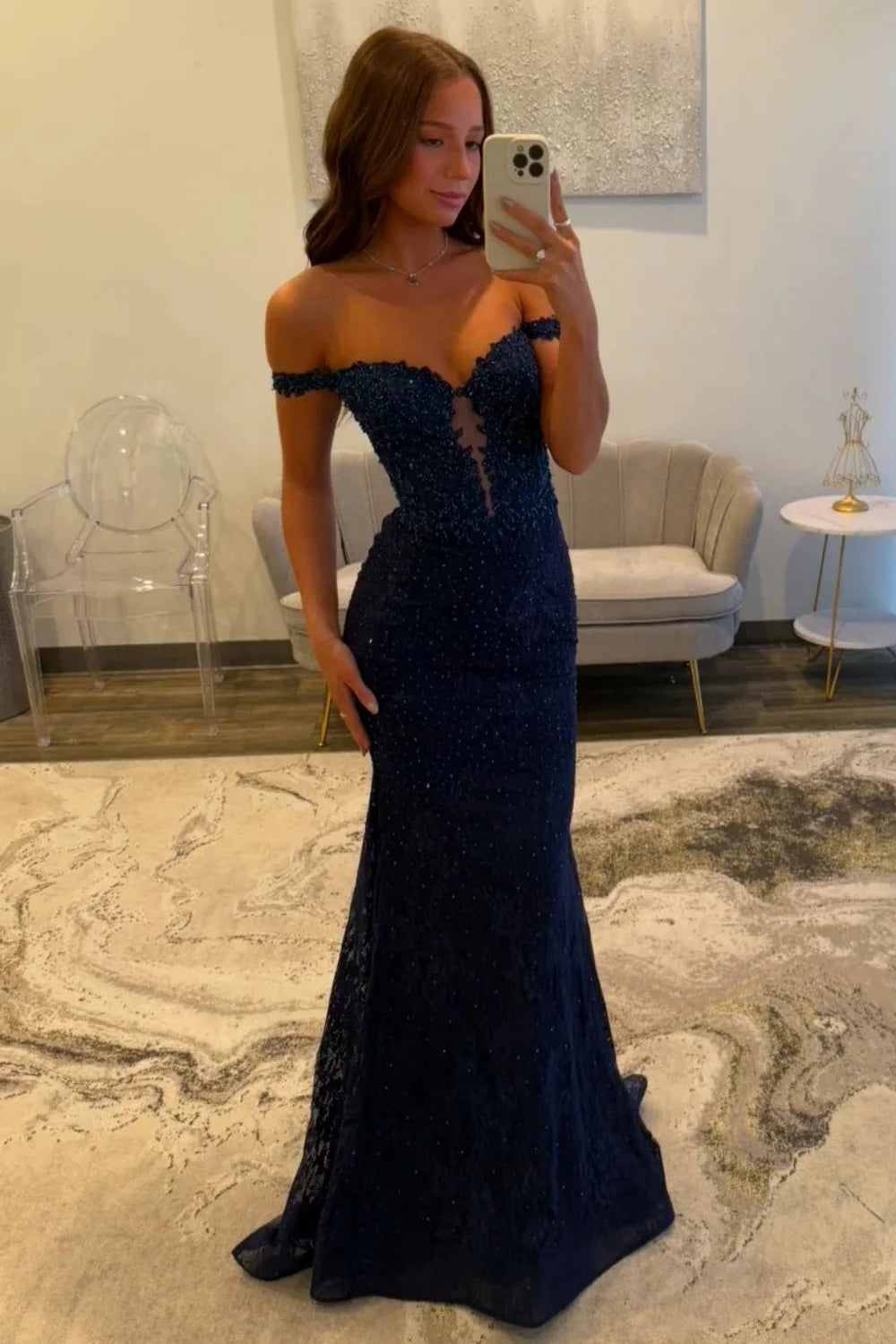 Elegant Navy Blue Mermaid Off-The-Shoulder Lace Prom Dress With Beading AD138