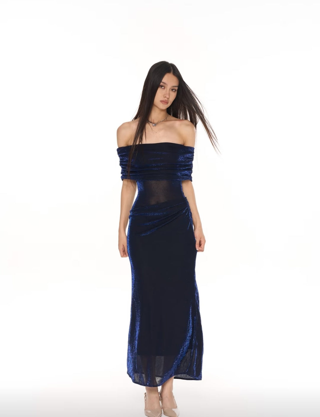 Chic Navy Blue Glitter Off Shoulder Ruched Bodycon Long Prom Dress AD1386