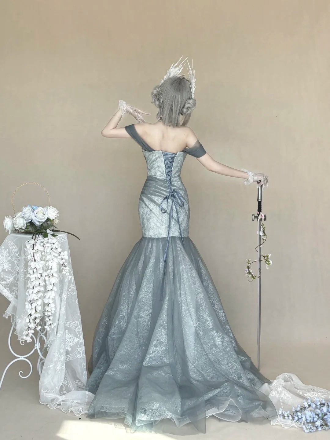 Ethereal Dusty Grey Off Shoulder Mermaid Lace Tulle Long Prom Dress AD1392
