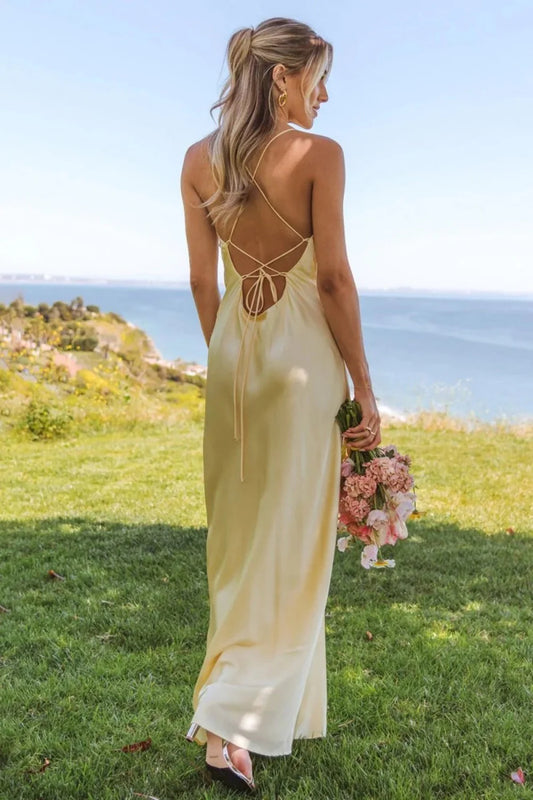 Stunning Sheath Spaghetti Straps Yellow Long Prom Dress With Criss Cross Back AD141