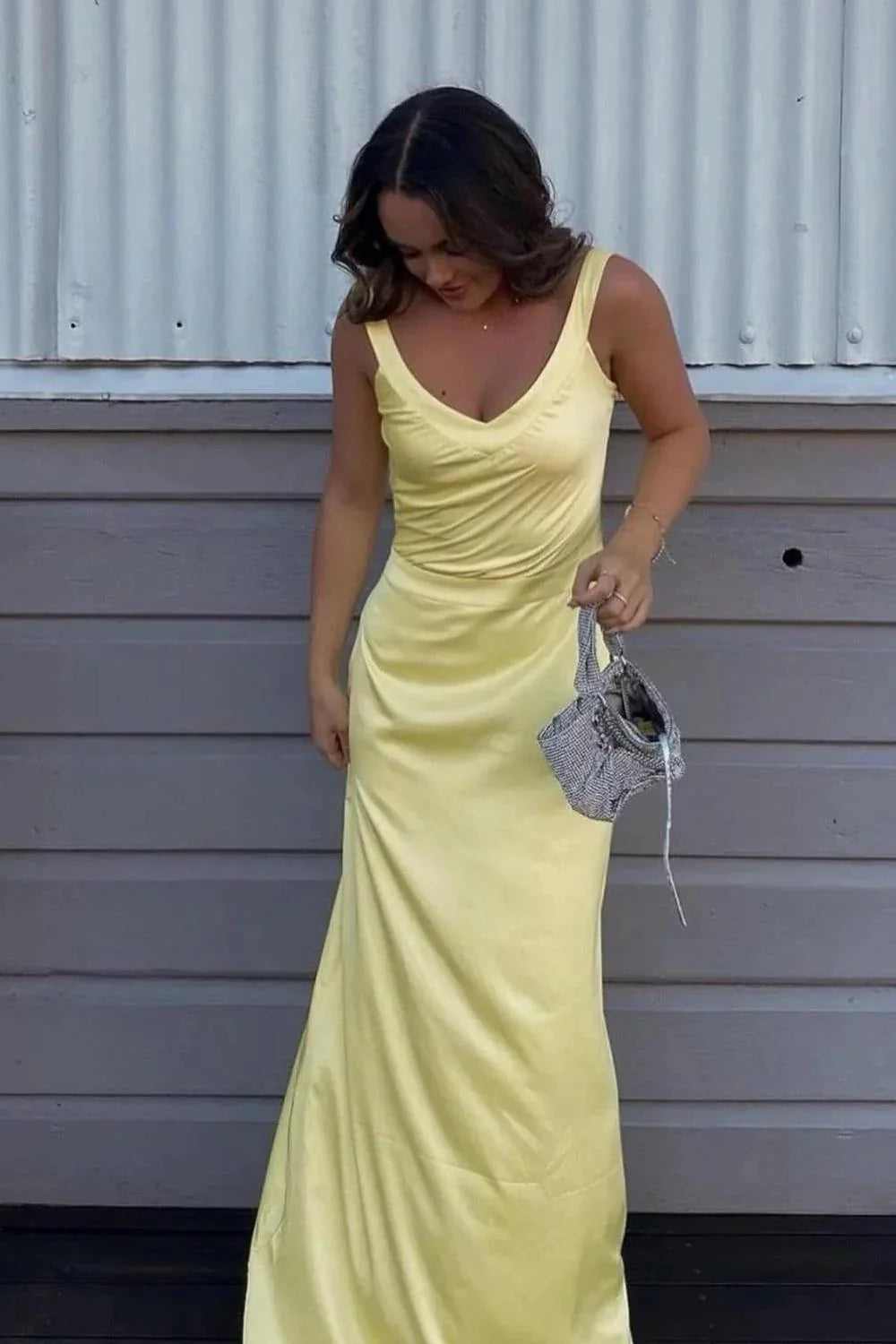 Elegant Yellow V-Neck Backless Satin Prom Gown With Cross Straps AD142