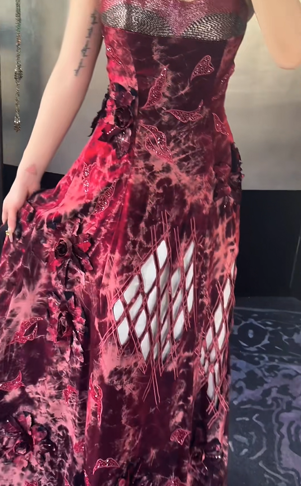 Bold Burgundy Spaghetti Straps 3D Floral Cutout Beaded A-Line Long Prom Dress AD1425