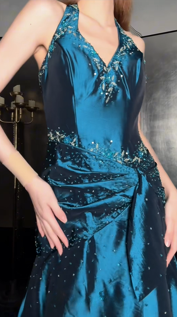 Luxury Teal Halter V-Neck Beaded Ruched Satin Mermaid Long Prom Dress With Shawl AD1426