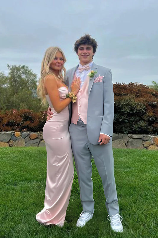Light Pink Satin Spaghetti Strap Ruched Bust Prom Dress With High Leg Slit AD143