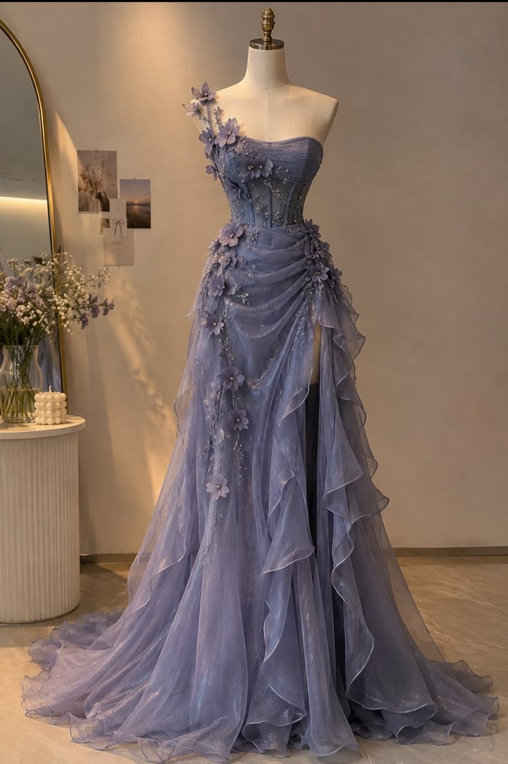 Ethereal Dusty Lavender One Shoulder Corset 3D Floral Appliques A-Line Long Prom Dress AD1430
