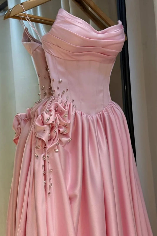 Pale Pink Satin Strapless Homecoming Dress With Rhinestone 3D Flower And High Slit AD144