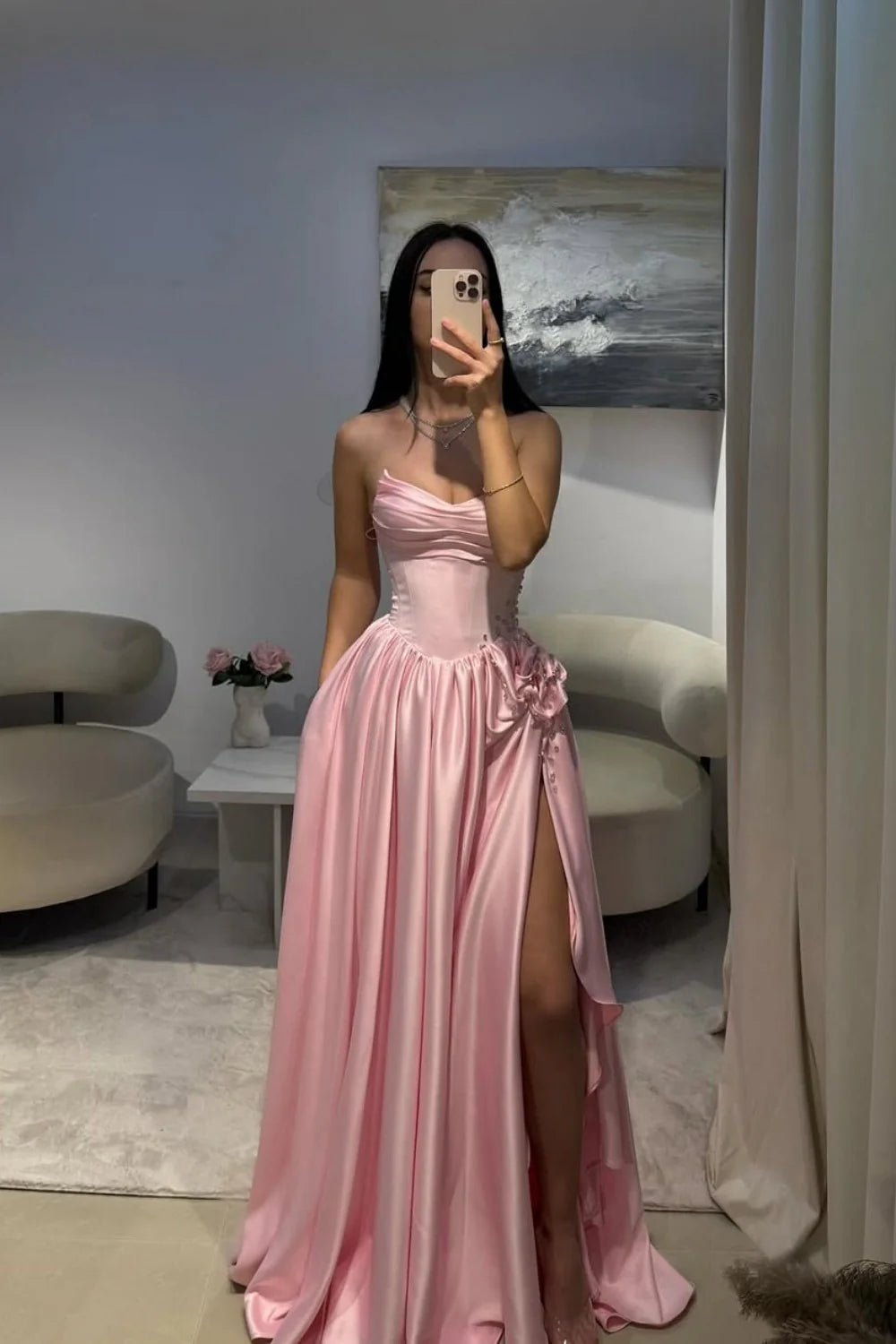 Pale Pink Satin Strapless Homecoming Dress With Rhinestone 3D Flower And High Slit AD144