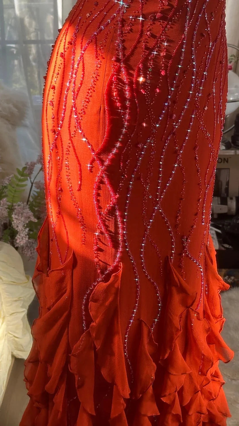 Vibrant Red Spaghetti Straps Square Neck Beaded Mermaid Long Prom Dress AD1440