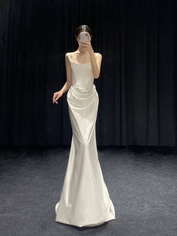 Elegant Ivory Square Neck Strap Draped Satin Mermaid Long Wedding Dress Prom Dress AD1448