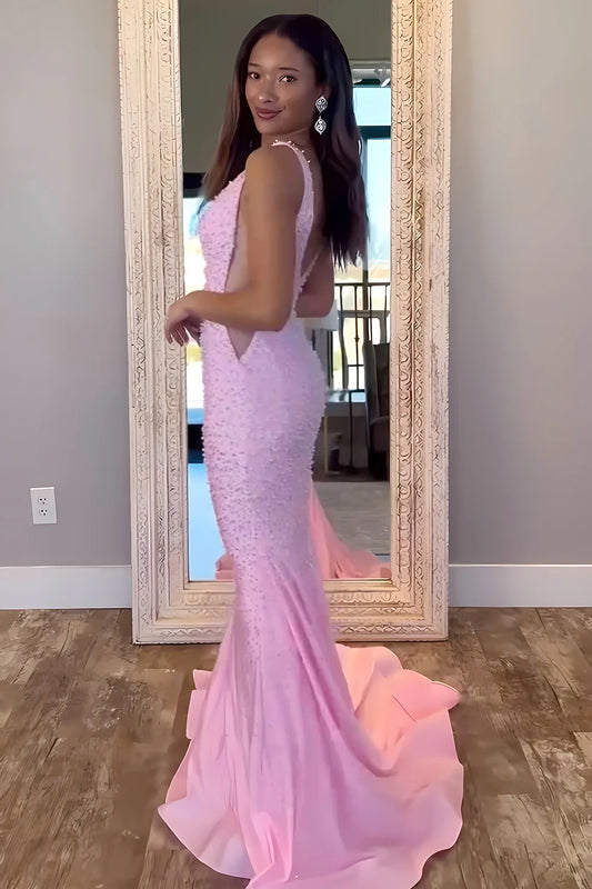 V-Neck Beaded Mermaid Prom Dress With Side Illusion AD145