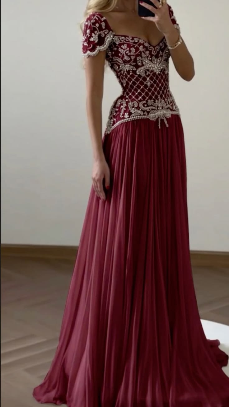Luxury Burgundy Sweetheart Short Sleeve Silver Beaded A-Line Long Prom Dress AD1450