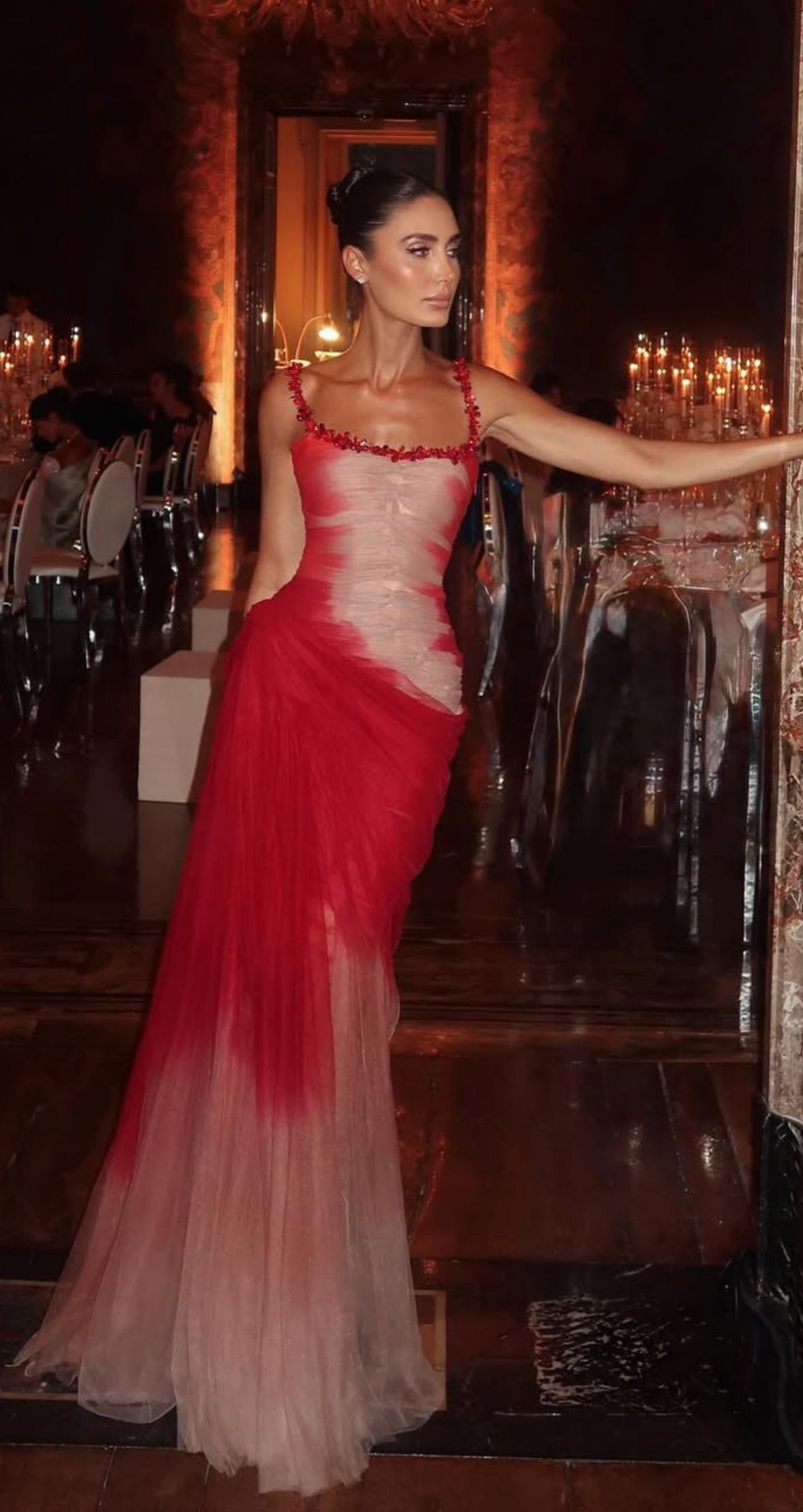 Dazzling Red Pink Ombre Square Neck Beaded Strap Ruched Mermaid Long Prom Dress AD1453