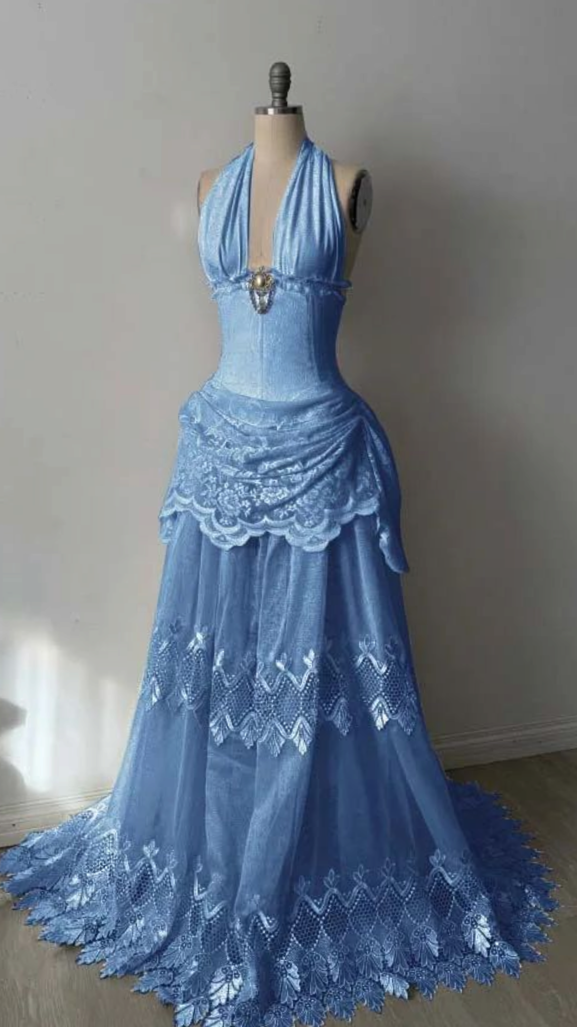 Ethereal Light Blue Halter Deep V Corset A Line Long Prom Dress AD1460