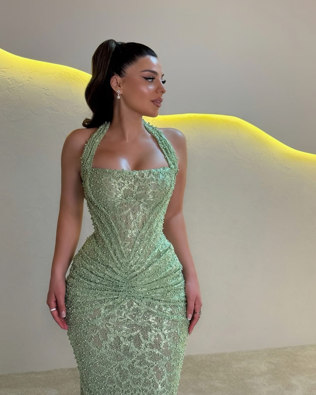 Dazzling Green Halter Square Neck Beaded Mermaid Long Prom Dress AD1461