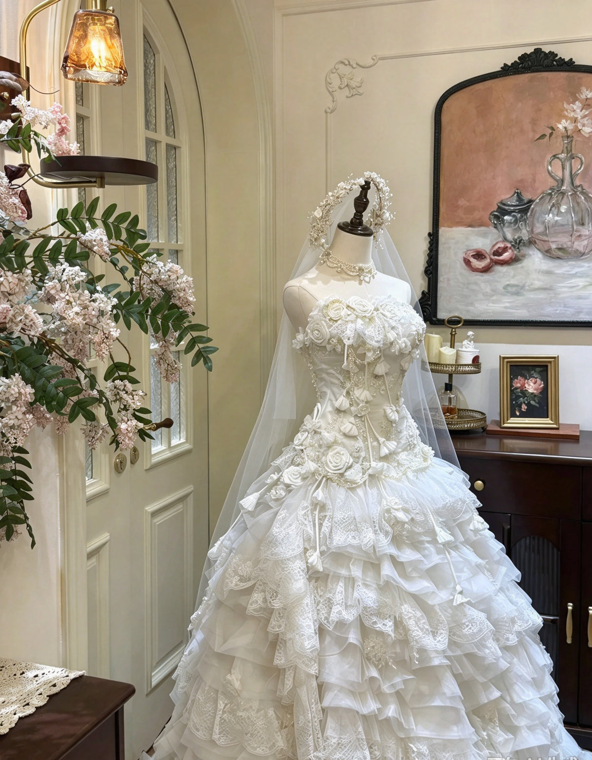 Dreamy Ivory Strapless 3D Floral Lace Beaded Ball Gown Long Prom Dress Wedding Dress AD1481