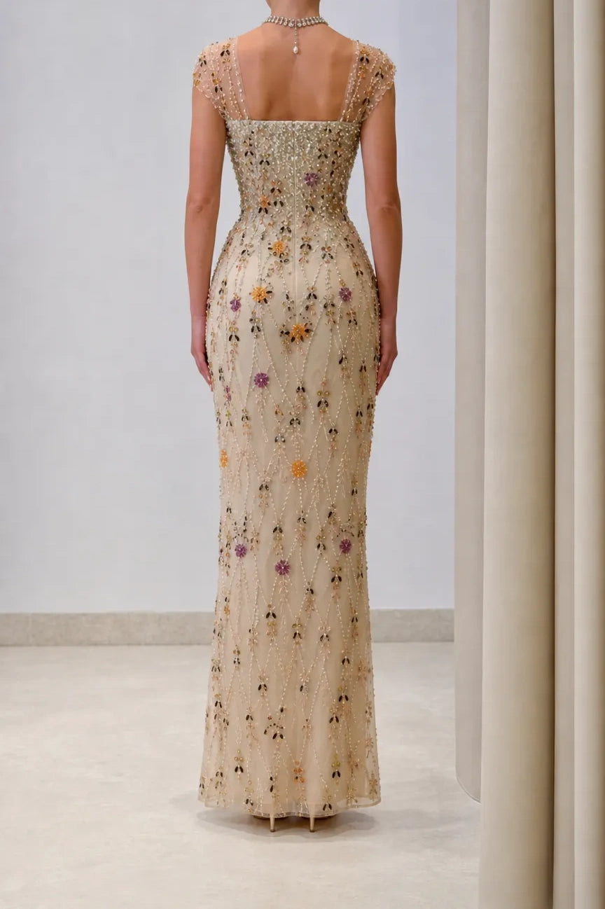 Luxury Champagne Square Neck Cap Sleeve Floral Beaded Mermaid Long Prom Dress AD1487