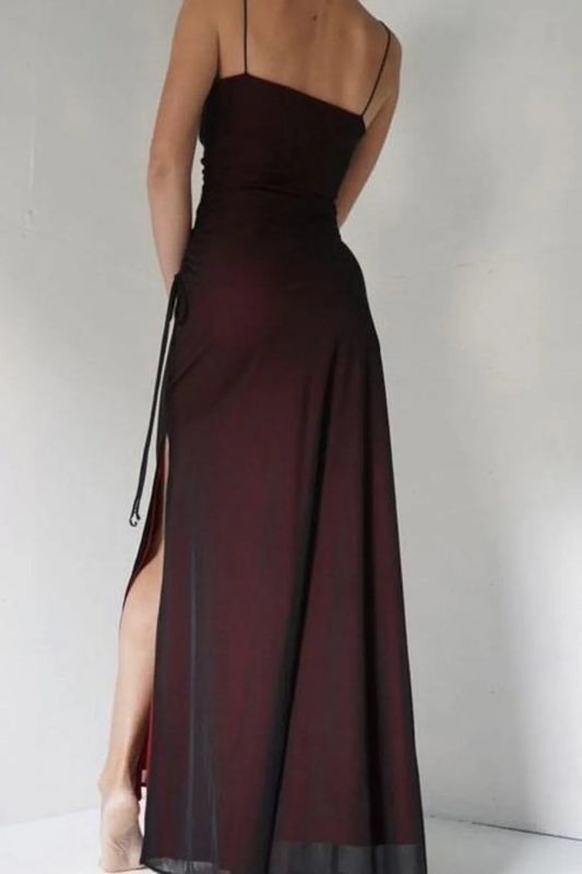 Simple Sheath Spaghetti Straps Burgundy Long Prom Dress With Split Front AD149