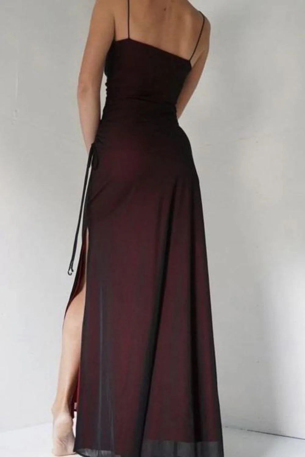 Simple Sheath Spaghetti Straps Burgundy Long Prom Dress With Split Front AD149