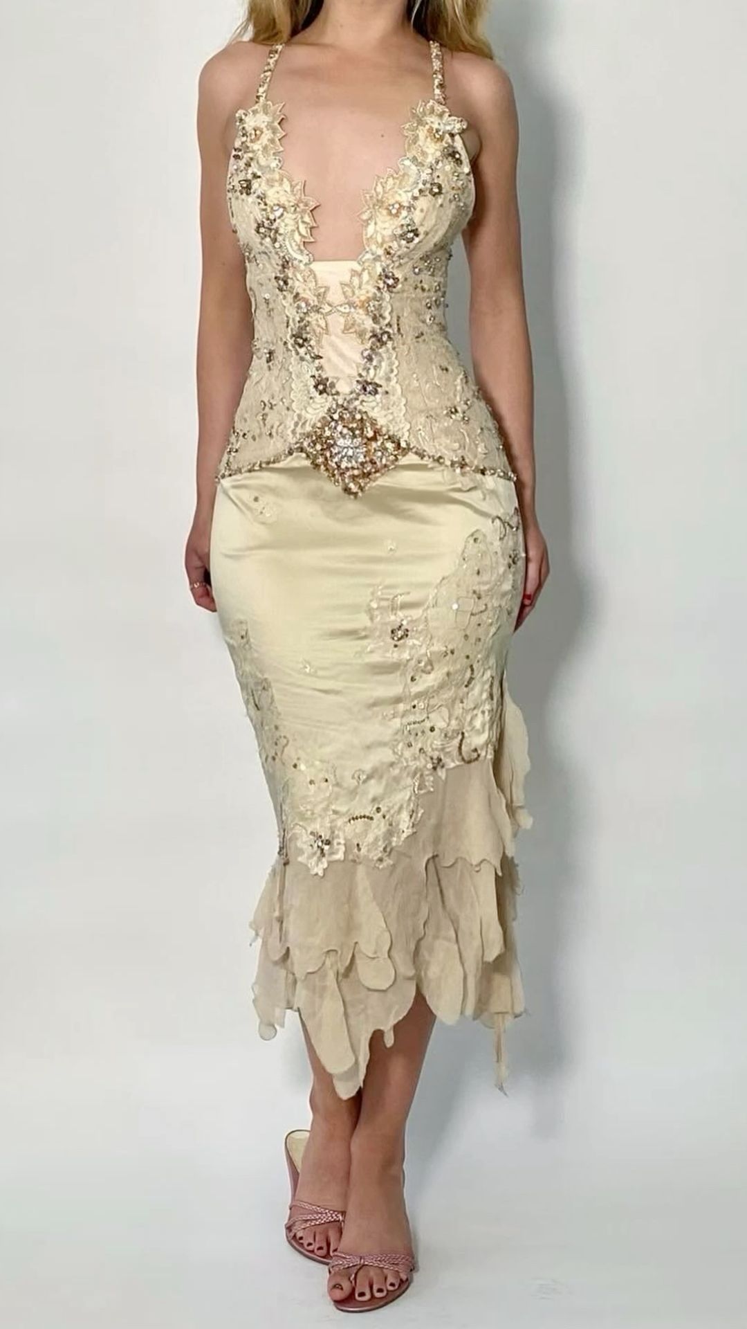 Vintage Champagne Spaghetti Straps Deep V Lace Rhinestone Appliques Mermaid Long Prom Dress AD1500