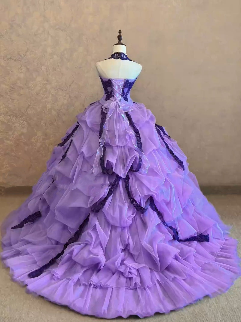 Romantic Lavender Halter Lace Beaded Detail Ruffled Tulle Ball Gown Quinceanera Dress Long Prom Dress AD1510