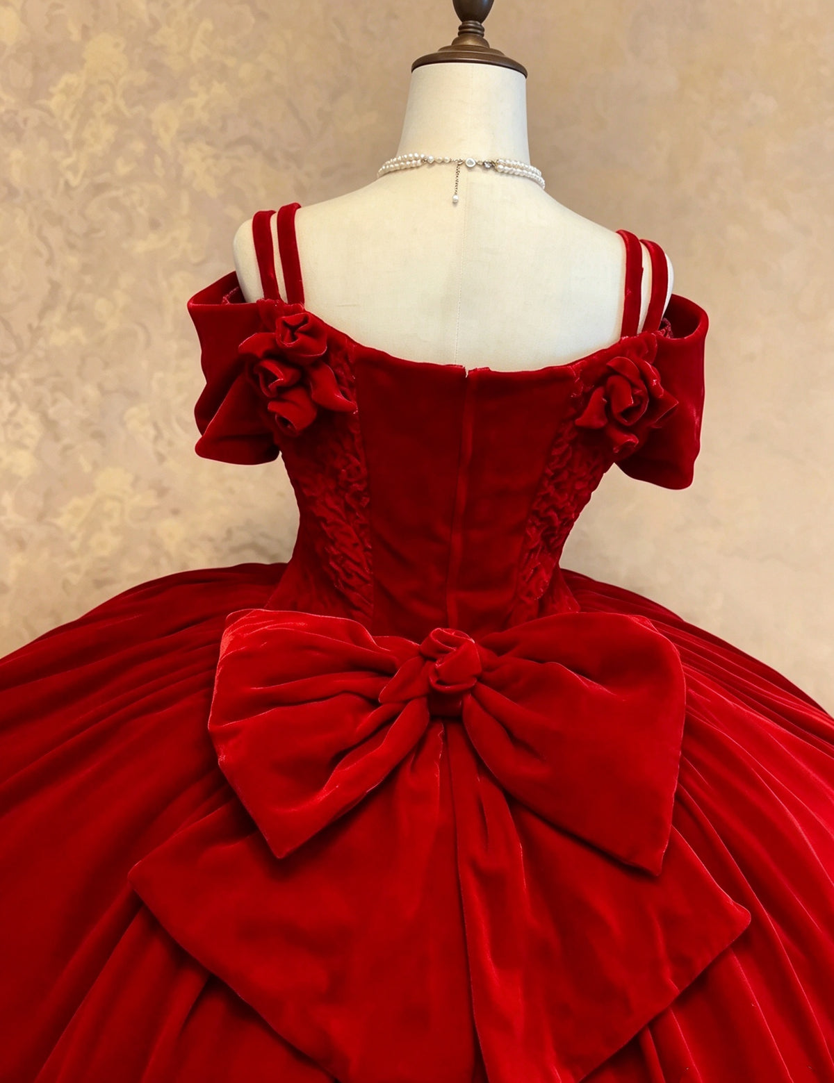 Glam Red Velvet Off Shoulder Straps 3D Rose Bow Ball Gown Quinceanera Dress Long Prom Dress AD1511