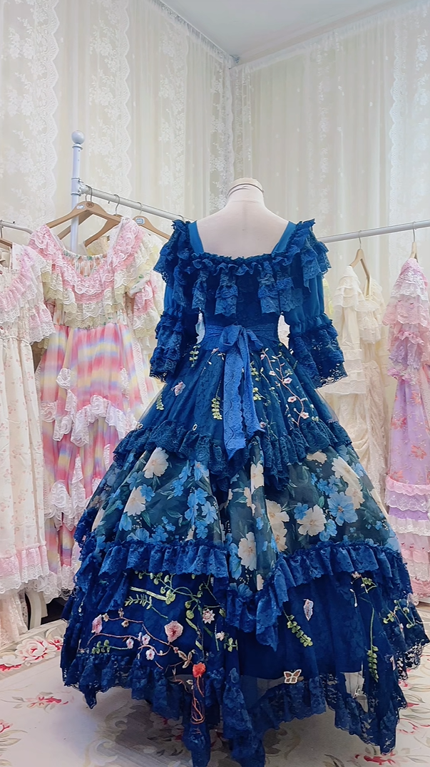 Whimsical Deep Blue Square Neck Ruffle Lace Half Sleeves Floral Embroidery A Line Long Prom Dress Birthday Dress AD1515