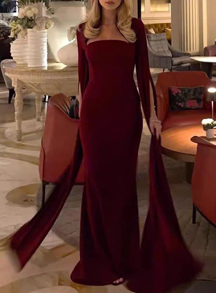 Sleek Black Cape Collar Sleeve Mermaid Long Prom Dress Birthday Dress AD1521