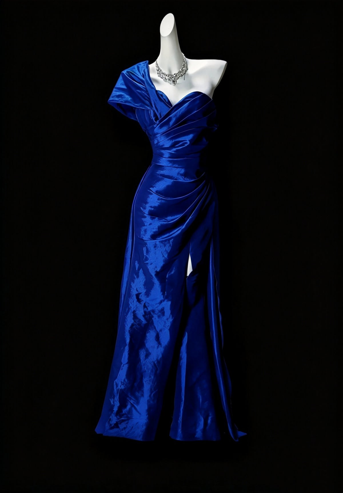 Glam Royal Blue One Shoulder Sweetheart Satin Ruched High Slit Mermaid Long Prom Dress Birthday Dress AD1536