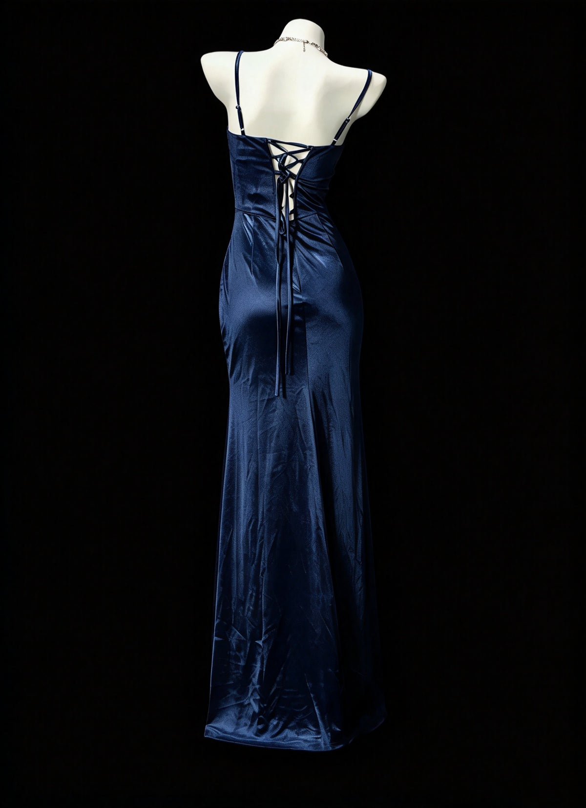Glam Navy Spaghetti Straps Beaded Sweetheart Corset Ruched Satin High Slit Mermaid Long Prom Dress Birthday Dress AD1538