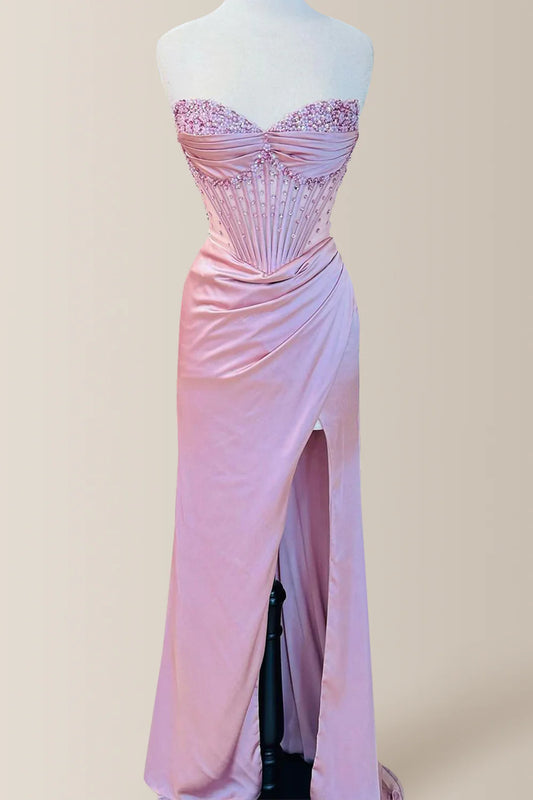 Elegant Dusty Blue Strapless Long Mermaid Satin Prom Dress With Beading AD154