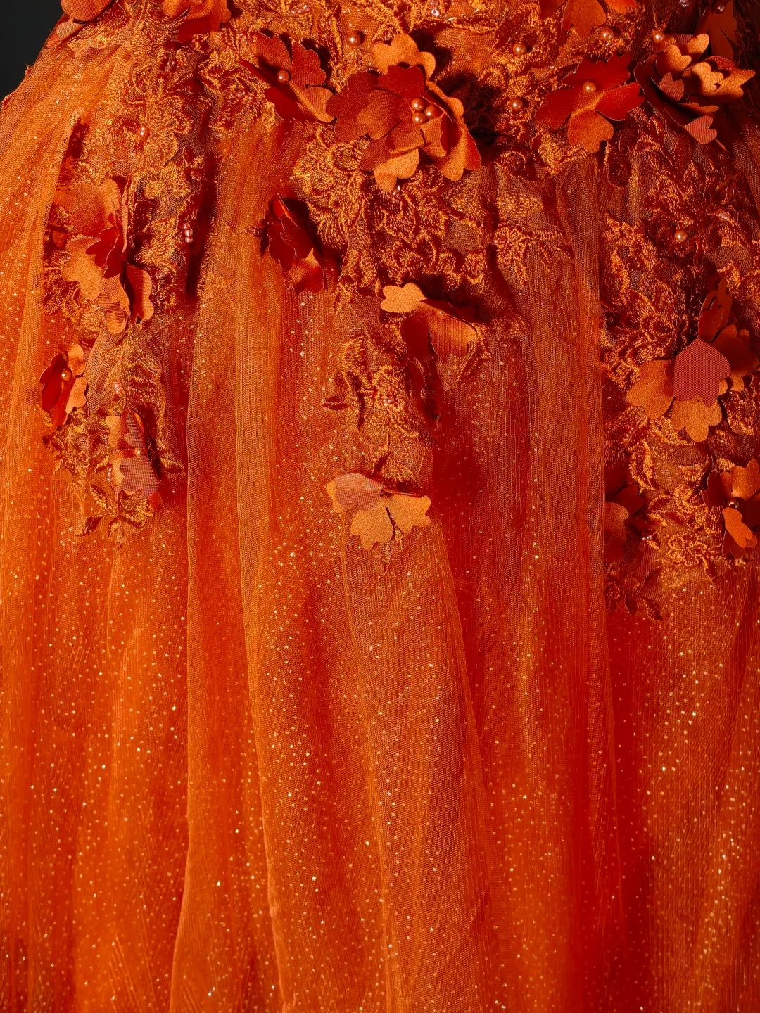 Gorgeous Orange Off Shoulder 3D Floral Beaded Glitter Tulle A Line Long Prom Dress Birthday Dress AD1540