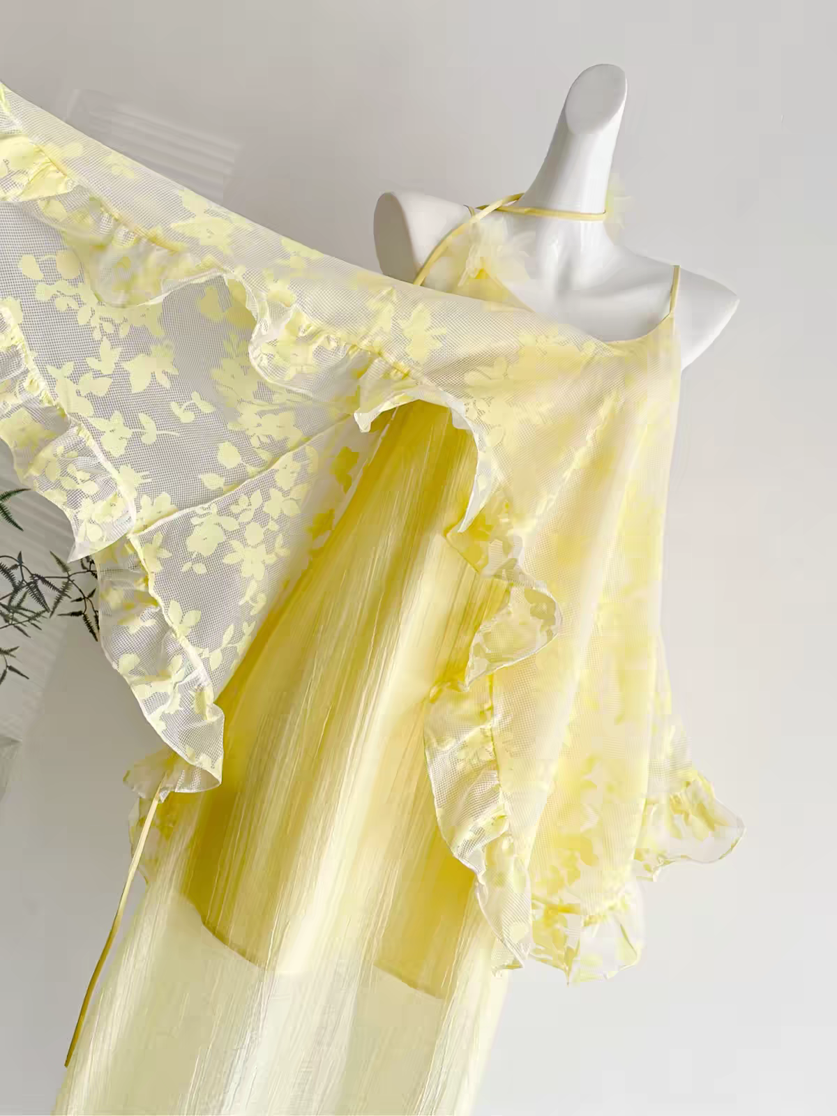 Chic Yellow Spaghetti Straps Floral Chiffon Ruffle Layered A Line Long Prom Dress Birthday Dress AD1547