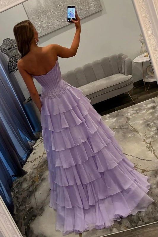 Lovely Sweetheart A-Line Corset Ruffle Prom Dress With High Slit And Appliques AD157