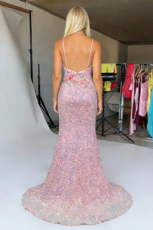 Blush Pink Sequin Floral Embroidered Spaghetti Strap Prom Dress With Slit AD159