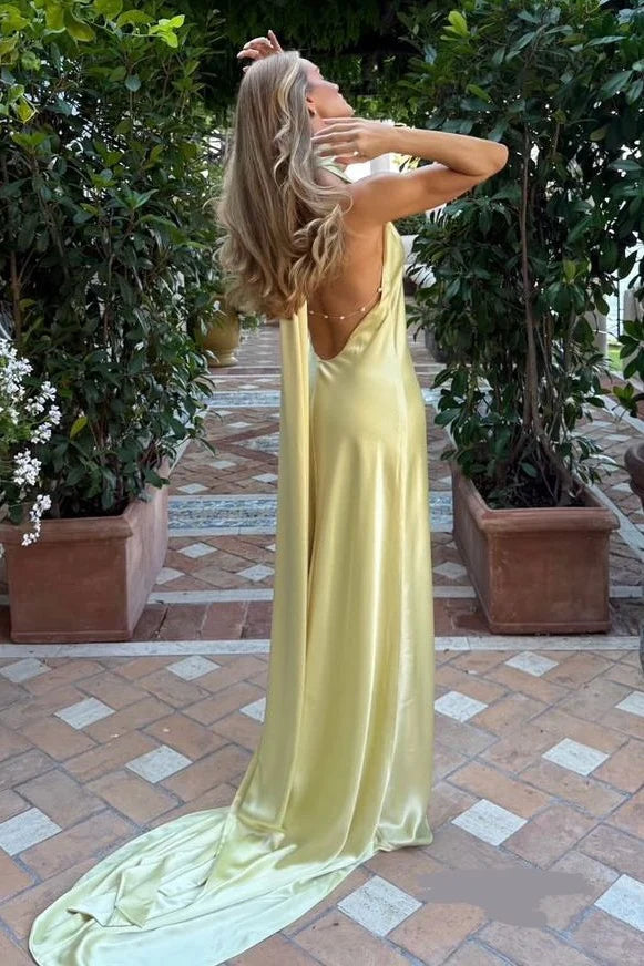 Chic Mermaid Halter Neck Yellow Long Party Dress With Sweep Train AD168