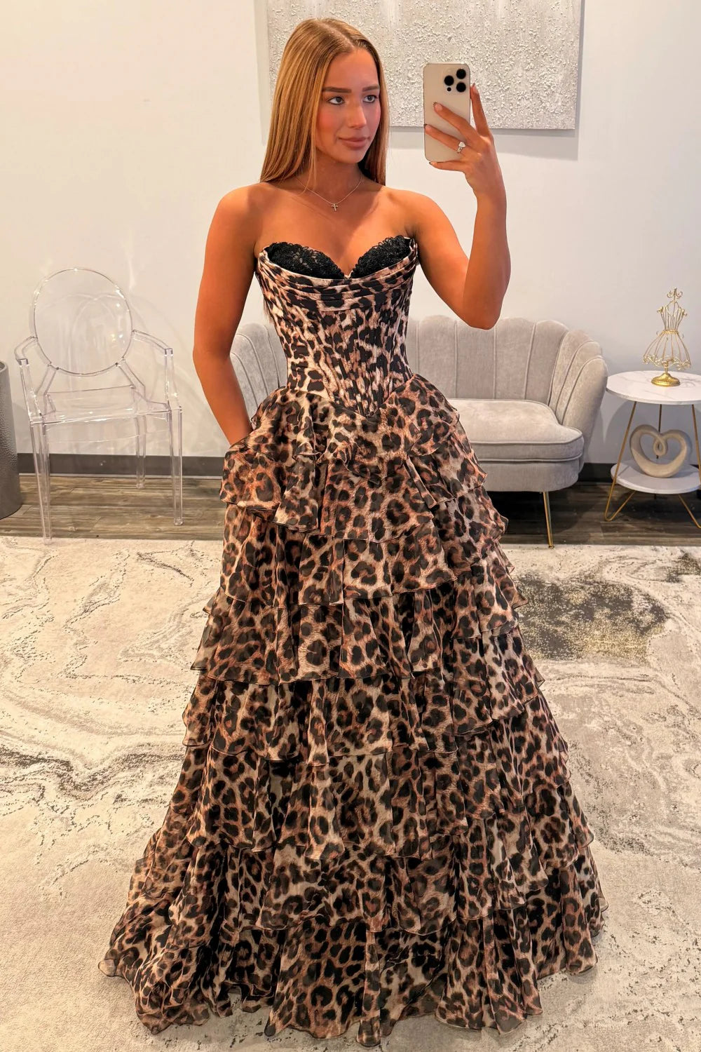 Bold Leopard Sweetheart Corset Prom Dress With Layered Ruffle Skirt AD172