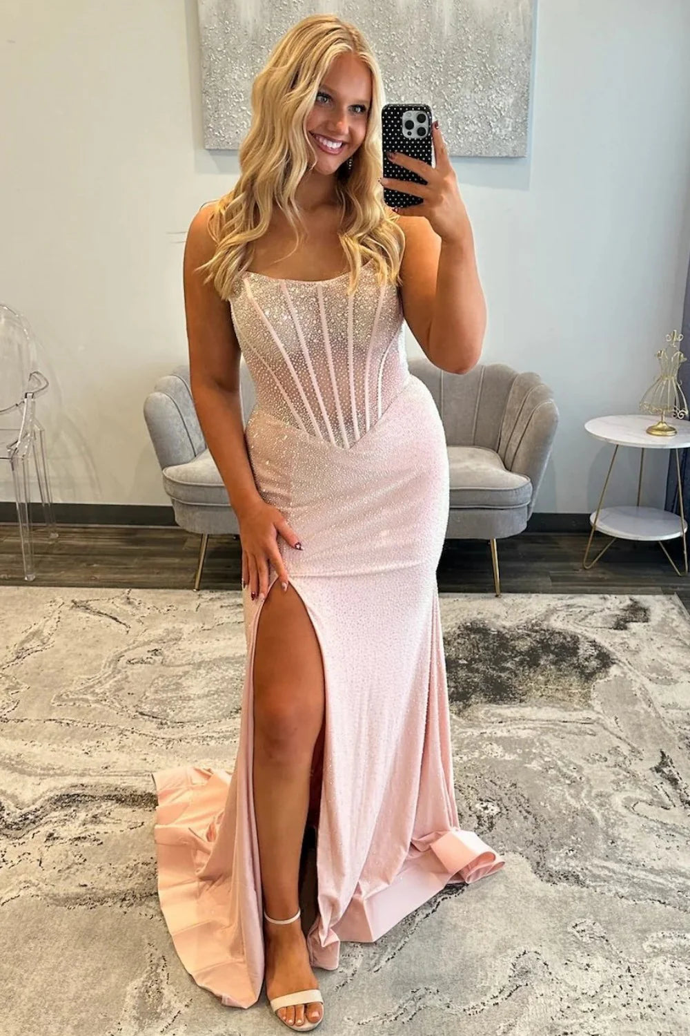 Sparkly Mermaid Strapless Light Blue Corset Prom Dress With Beading AD183